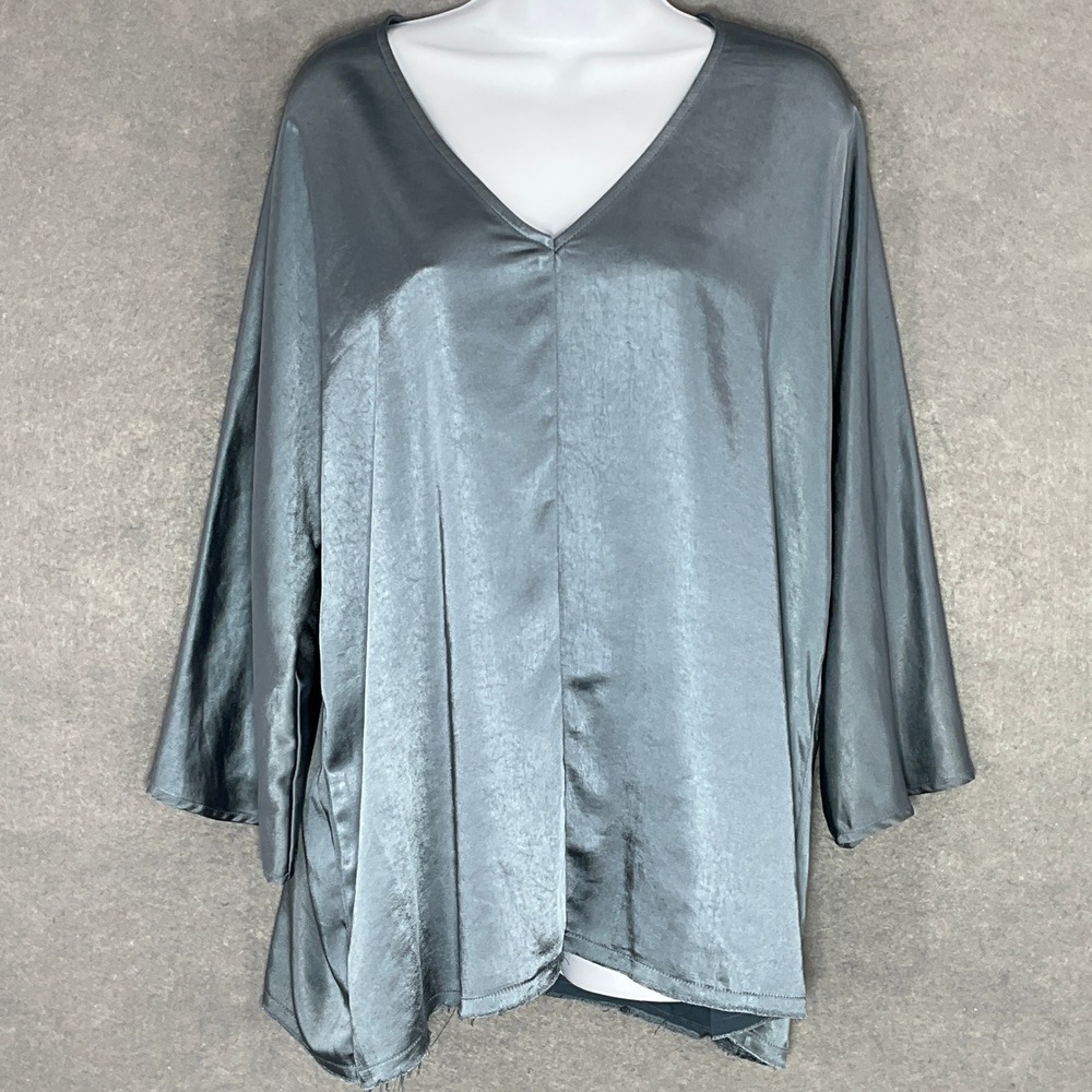 Grade & Gather Tunic‎ Top V-Neck 3/4 Sleeve Flowy Lightweight Blouse Blue Gray M